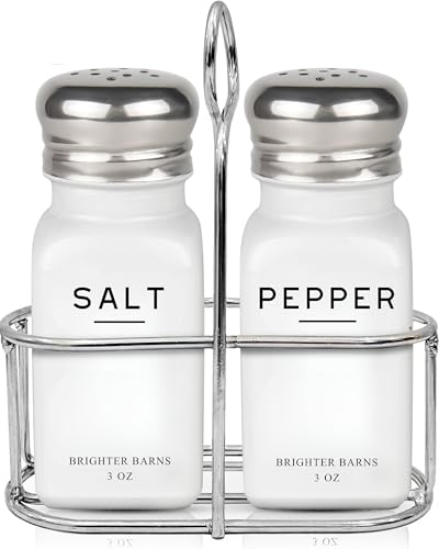White Salt and Pepper Shakers Set with Holder by Brighter Barns (White)