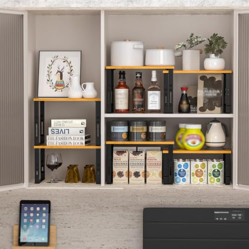 Expandable Kitchen Cabinet Organizer Shelves (2 Packs/Black / Large:15.75"Wx7.48"Dx5.5"~8.1"H)