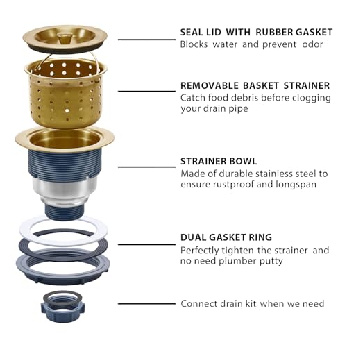 3-1/2 Inch Brass Sink Drain, Durable Stainless Steel Brass Kitchen Sink Drain Assembly Kit with Sink Strainer Waste Basket/Strainer Assembly/Sealing Lid for Standard Kitchen Sink (Gold)