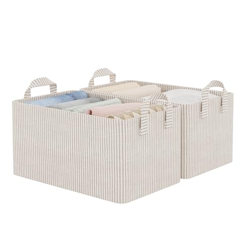 Fabric Storage Bins (Khaki & Beige Stripes / 14 ¾" L x 10 ¼" W x 8 ¼" H)