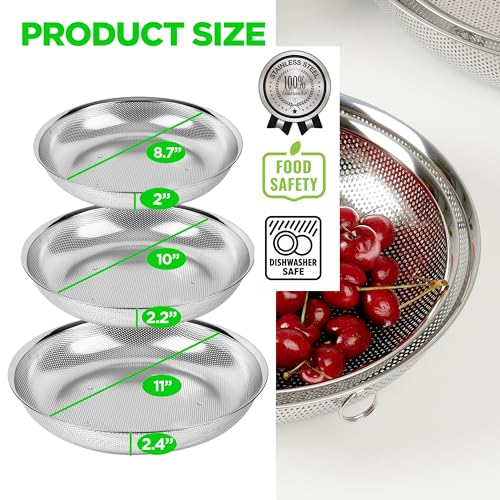 Shallow Stainless Steel Colander Set of 3 (2+3+4QT Colander)