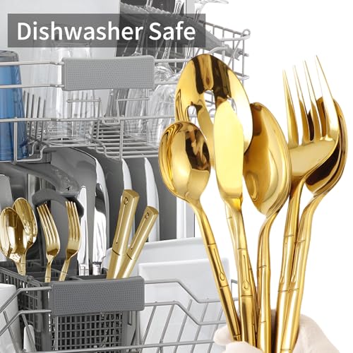 Silverware Serving Set Gold Flatware Set Stainless Steel Bamboo Handle Cutlery Set Mirror Polished 65 Pieces for Home Kitchen Restaurant Hotel Wedding Housewarming Gift Service for 12 (Gold / 65 pcs)