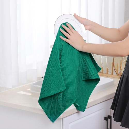 100% Cotton Waffle Weave Kitchen Dish Towels 6 (Dark Green / 13 X 28 - 6 Pack)