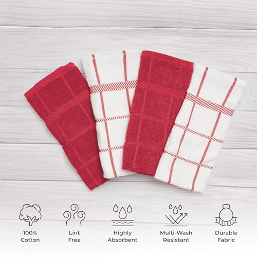 100% Cotton Terry Dish Cloth & Dish Towel (Dish Towel - 4 pack / Red)