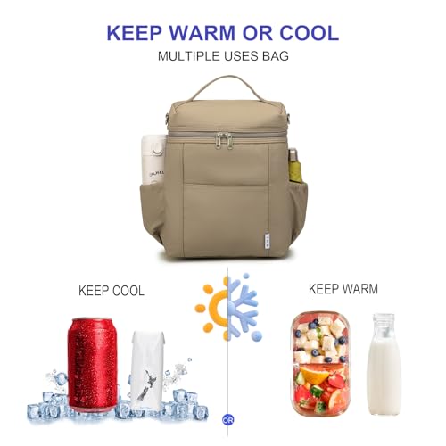 NOL Insulated Lunch Bags for Women Cooler Bag Lightweight Nylon Waterproof Lunch Box for Work Khaki Large 12L (Khaki / Large (12 Liters))