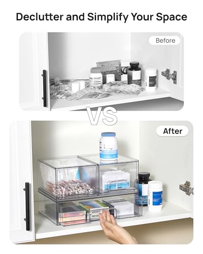 Clear Stackable Storage Drawers Set of 4 (2 Small+2 Wide)