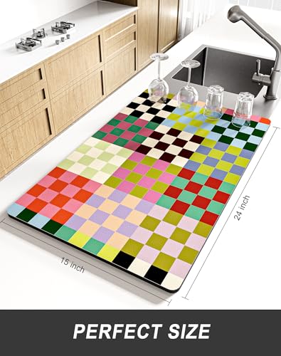 Dish Drying Mat for Kitchen Counter (Colorful Chessboard / 15" x 24")