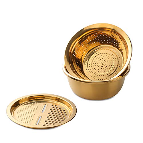 3-In-1 Multifunctional Grater Basin Colander Strainer Set, Mingcheng Stainless Steel Kitchen Drain Basket/Bottom Basin for Washing Rice, Fruits, Vegetable, Grater with Container (Gold) (Gold)