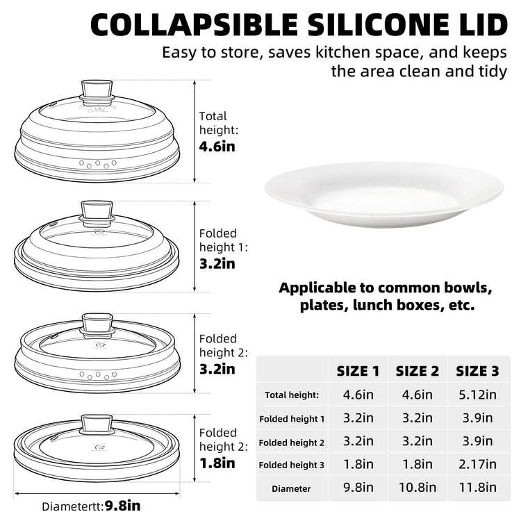Microwave Splatter Cover Glass Cover Guard Lid with Collapsible Silicone for Food Pot Plate Cover 9.8 inch Black (BLACK / 9.8 inch)