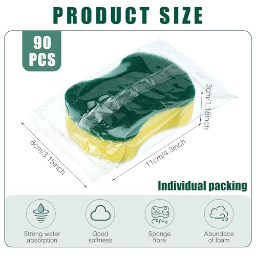 90 Pcs Individually Wrapped Sponges Kitchen Bulk Non Scratch Scouring Sponges for Dishes Household Cleaning Travel Apartments Hotel Car (Yellow Green)
