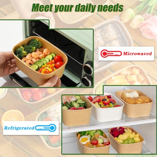 50 Disposable Meal Prep Containers 19oz Kraft Paper Bowls with Lids & Forks (19oz 50 Count / kraft Paper Rectangular)