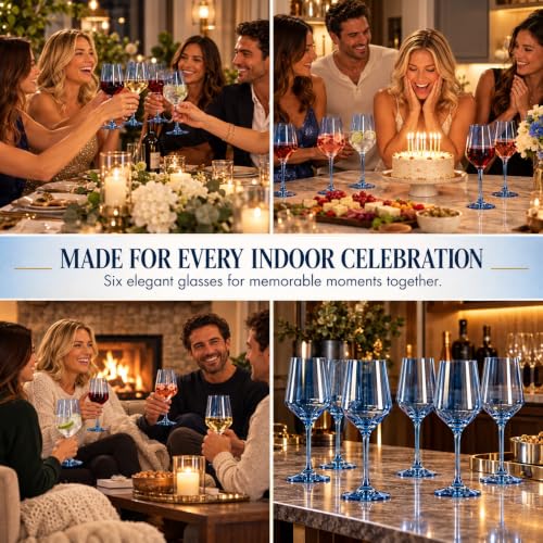 Blue Wine Glasses Set of 6 Cobalt Blue 14oz Birthday Gift for Her Women Blush Colored Tall Stemmed Unique Wine Glasses Colored Glassware Set Elegant Tableware for Parties Wedding Anniversary Home Bar (Cobalt Blue)