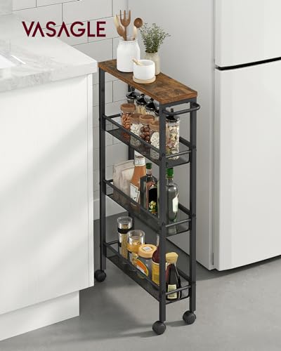 4 Tier Slim Rolling Storage cart with Wheels (Rustic Brown + Classic Black / 4 Tiers (5.1"D x 30.3"H))
