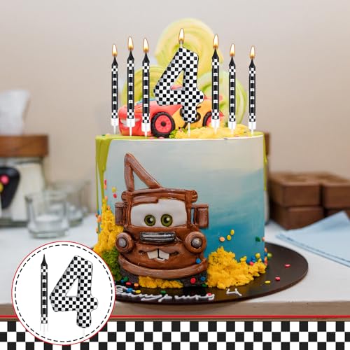 13 Pcs Racing Cars Themed Birthday Candles Black and White Race Number 4 Checkered Candle Cake Topper for Racing Car Party Decoration Supplies (Black+White / 4)