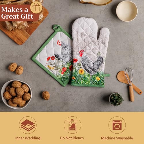 100% Cotton Oven Mitt & Pot Holder Set (018 - Basse Cour / 7.5" x 13" & 8" x 8" (Oven Mitt & Pot Holder))