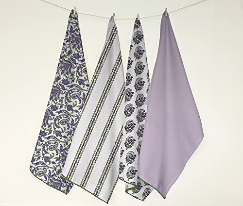 Printed Kitchen Dish Bar and Tea Towels Cotton (Set of 4 (18x28 Inches) / White & Purple)
