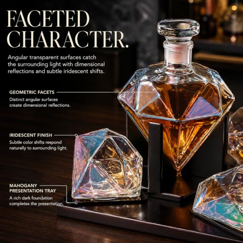Diamond Whiskey Decanter With 4 Iridescent Glasses 750ML Mahogany Wood Tray (Iridescent Diamond Decanter + 4 Glasses)