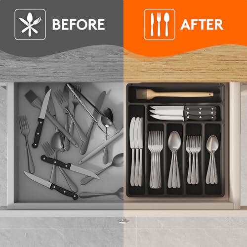 Silverware Drawer Organizer Tray (Black / 12.3 x 14.2 inch (7 Slots))