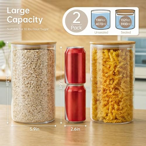 132oz Large Glass Storage Containers with Bamboo Lids for Flour & Sugar (132oz 2 Pack)