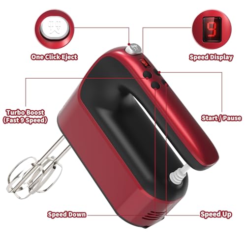 9 Speed Digital Hand Mixer Electric (Red)