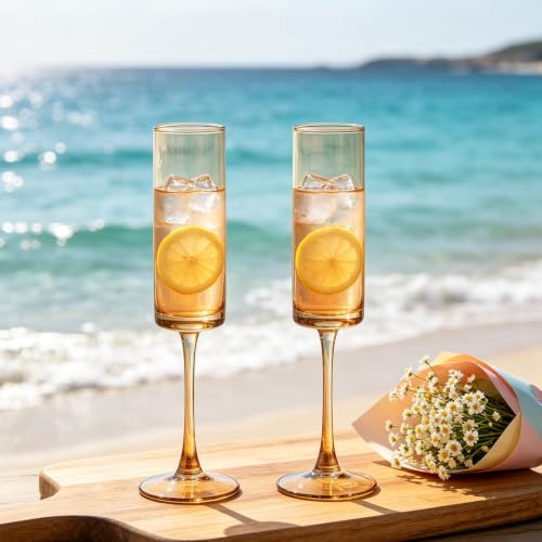 6 Pieces Amber Champagne Flutes 6 OZ Straight Sided Wine Glasses Champagne Long Stem Drinking Colored Glasses (Amber / 6 PCS)