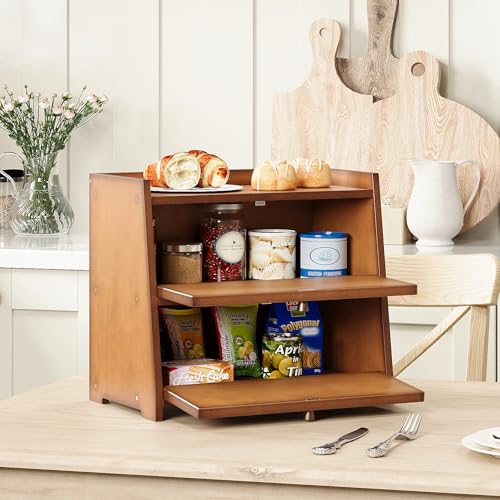 Vintage Double Layer Bread Box for Kitchen Counter Bamboo Bread Storage Container Large Capacity Bread Storage Bin (Antique Brown)