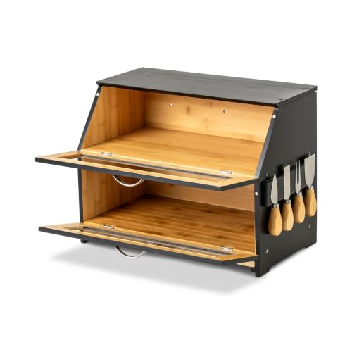 Large 2 Tier Black Bread Box for Countertop with Cutting Board (Black Bamboo)
