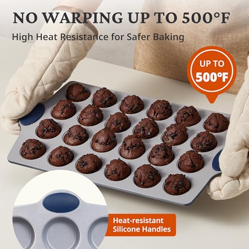 2 Pack 12 Cup and Mini 24 Cup Non Toxic Nonstick Ceramic Muffin Pan & Cupcake Tin (Blue / 12+24 Cup Muffin Pan (2 pack))