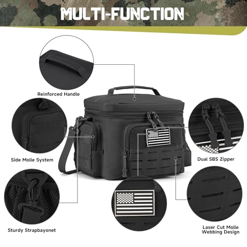Tactical Lunch Bag for Mens Military Heavy Duty Lunch Box Work Leakproof Insulated Durable Thermal Cooler Bag for Adult Meal for Office Camping Picnic Pail MOLLE Webbing Black (Black / 13L)