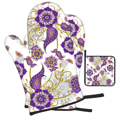 Purple Flower Oven Mitts and Pot Holders Sets of 3 Kitchen Decor (Purple Flower)