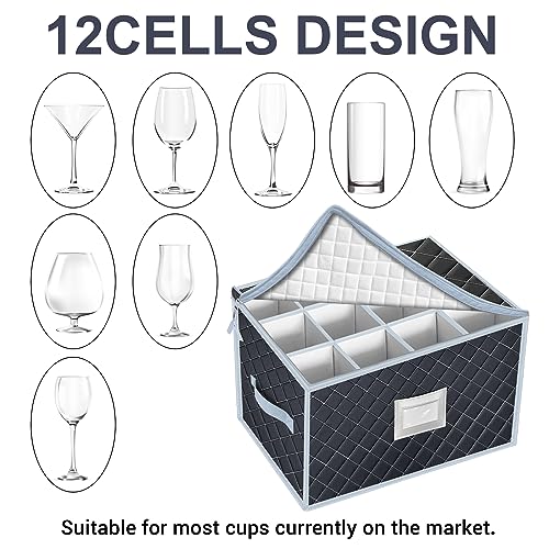 Wine Glass Storage Box with Dividers Holds 24 Stemware Storage Cases or China Crystal Glassware Containers with Handles and Lable Window (Gray / 2 Pack Wine Glass Storage (Gray))