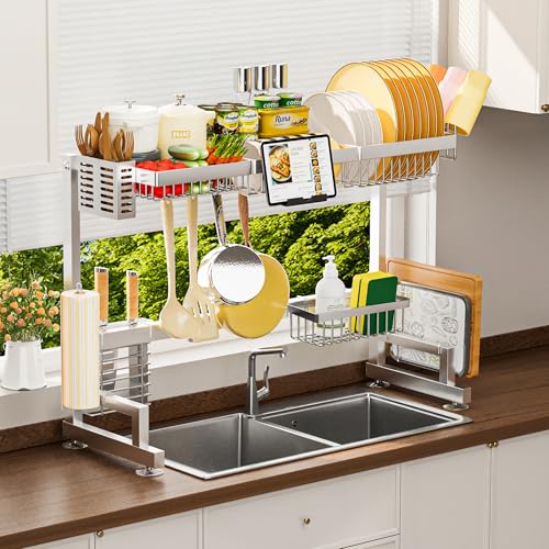 Luxurious 304 Stainless Steel Over Sink Dish Drying Rack (Silver / 24.6" - 36.2"L x 11.8"W x 19.2" - 21.6"H)