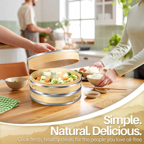 8 Inch Bamboo Steamer Basket Set with Stainless Steel Banding