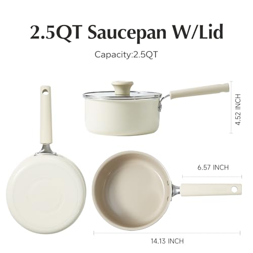 Ceramic Sauce pan with Lid (2.5 Quarts / Cream)