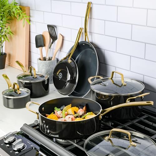 Lockton 14 Piece Premium Non (Black w/ Gold Handles (Ceramic Nonstick Cookware) / 14-Piece Cookware Set)