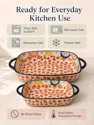 2-Piece Hand-Painted Polish Pottery Style Ceramic Baking Dish Set (Coral Confetti)