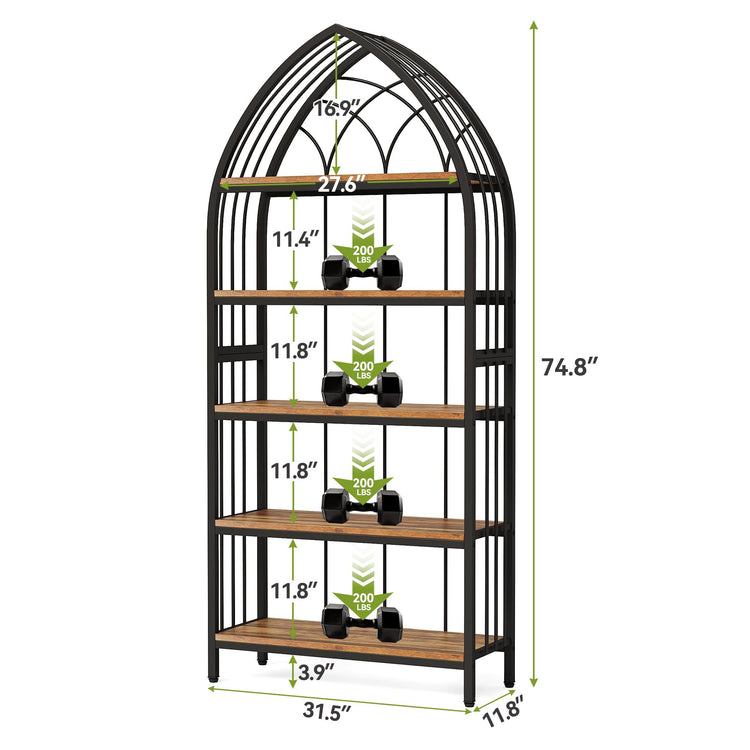 74.8" Tall Arched Bookshelf (Brown + Black)