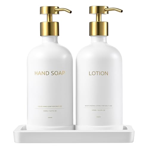 Glass Kitchen Soap Dispenser Set with Ceramic Tray (White + Gold(lotion))