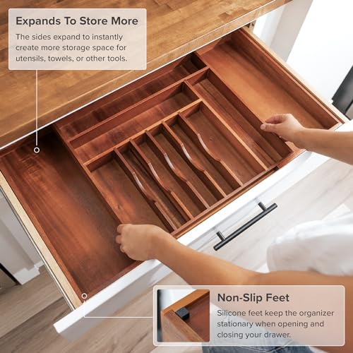 Silverware & Utensil Organizer (Natural Acacia / From 18" to 33" Wide)