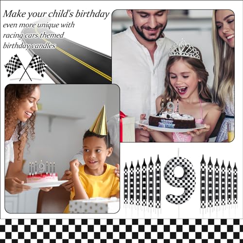 13 Pcs Racing Cars Themed Birthday Candles Black and White Race Number 9 Checkered Candle Cake Topper for Racing Car Party Decoration Supplies (Black+White / 9)