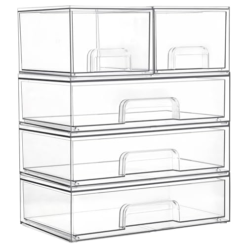 Clear Stackable Storage Drawers Set of 5 (2 Small+3 Wide)