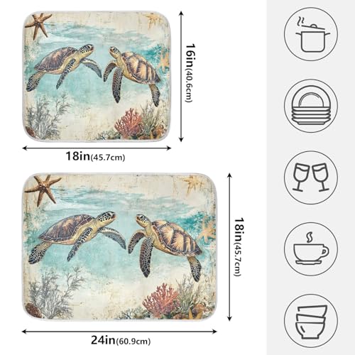 Vintage Ocean Sea Turtle04 Dish Drying Mat for Kitchen Counter Absorbent Microfiber Small Drying Pad Dish mats for Kitchen Countertops 16 x 18 Inch (Sea Turtle / 18" x 16")