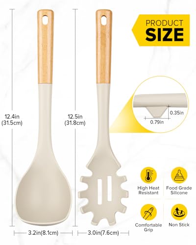 Silicone Soup Ladle and Pasta Spoon Set with Wooden Handle (Khaki)
