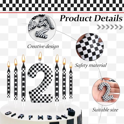 13 Pcs Racing Cars Themed Birthday Candles Black and White Race Number 2 Checkered Candle Cake Topper for Racing Car Party Decoration Supplies (Black+White / 2)