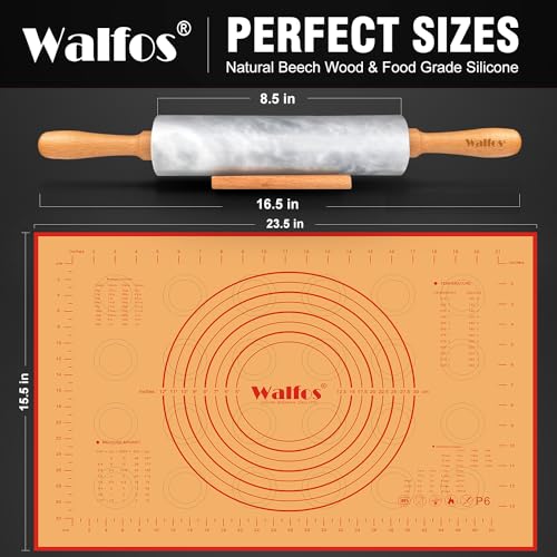 Marble Rolling Pin Set With Non Stick Silicone Pastry Mat (16.5 in marble + pastry mat)