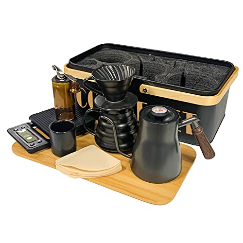 Pour Over Coffee Maker Set Coffee Kettle Scale Ceramic Server Ceramic Dripping Cup Bean Grinder Filter Paper Ceramic Cup ALL in 1 Portable Metal Box for Traveling (black)