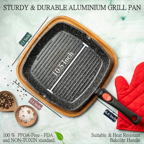 Grill Pan for Indoor Cooking 11Inch Nonstick Square Grill Pan (Square Grill Pan RV-Friendly Design)