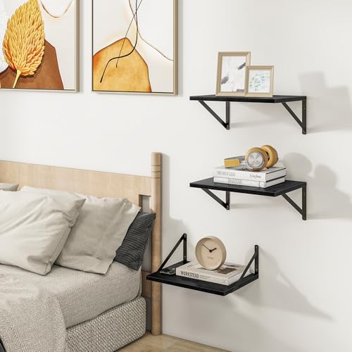 16W x 12D Deep Floating Shelves Set of 3 Black (Black With Black Metal Bracket / 16Wx12Dx5.8H)