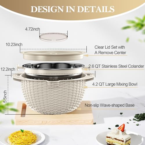 4-in-1 Colander with Bowl Set - Patented - 360° Rotatable Strainer, Beige (Beige)