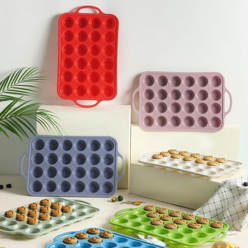 2 Packs 24 Cups Silicone Muffin Pan with Metal Reinforced Frame Mini Size Cupcake Pan Tray Egg Bites Silicone Circle Cookie Molds Muffin Tin Tart Pans Baking Sheet Set for Breakfast Sandwiches (2pc: 24-Cup Mini / Red & Blue)